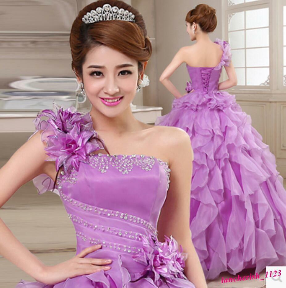 Flower Women s Wedding Dress Formal Ball Gown One Shoulder Rhinestone Korean OL eBay