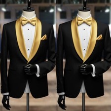 Black Men's Suit Gold Satin Shawl Lapel Formal Wedding Groom Tuxedo Blazer Pant