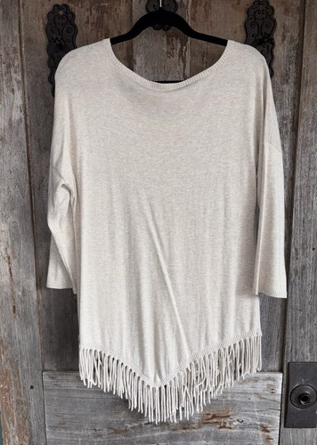 Suéter INC Beige Mezcla de Algodón Tejido Manga 3/4 Cuello Redondo Flecos Talla XL NUEVO CON ETIQUETAS - Imagen 6 de 6