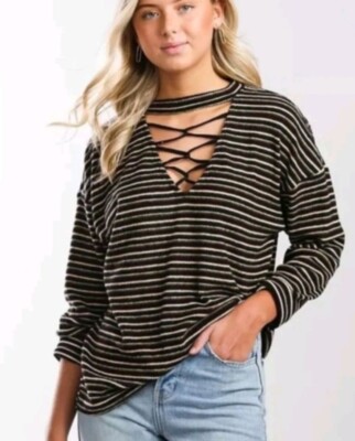 Gilded Intent Knit Top Womens Large Black/Brown Oversized Striped V-Neck Lace Up