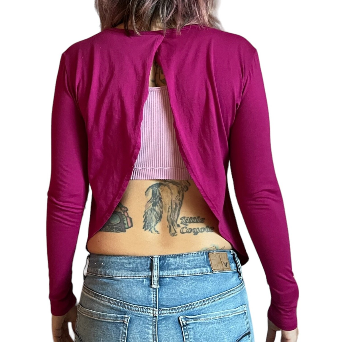 pink open back shirt