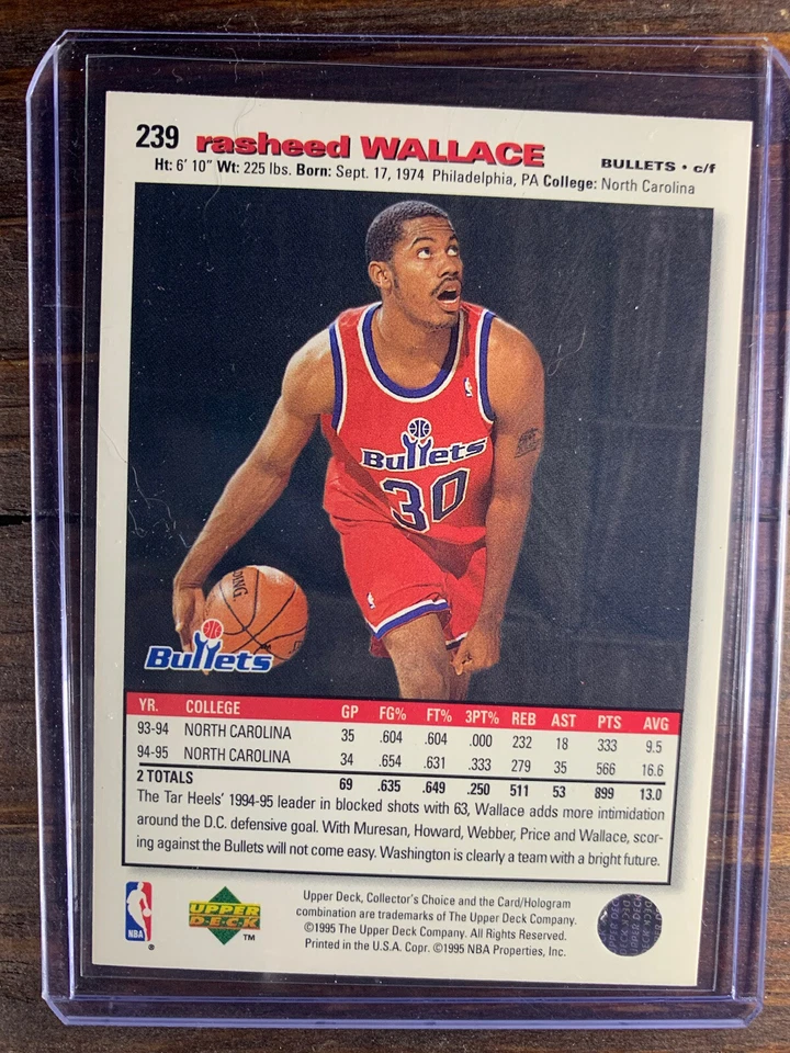 Rasheed Wallace 1995 Upper Deck Basketball Rookie Card RC #239 Bullets NBA HOF - Image 2 of 2