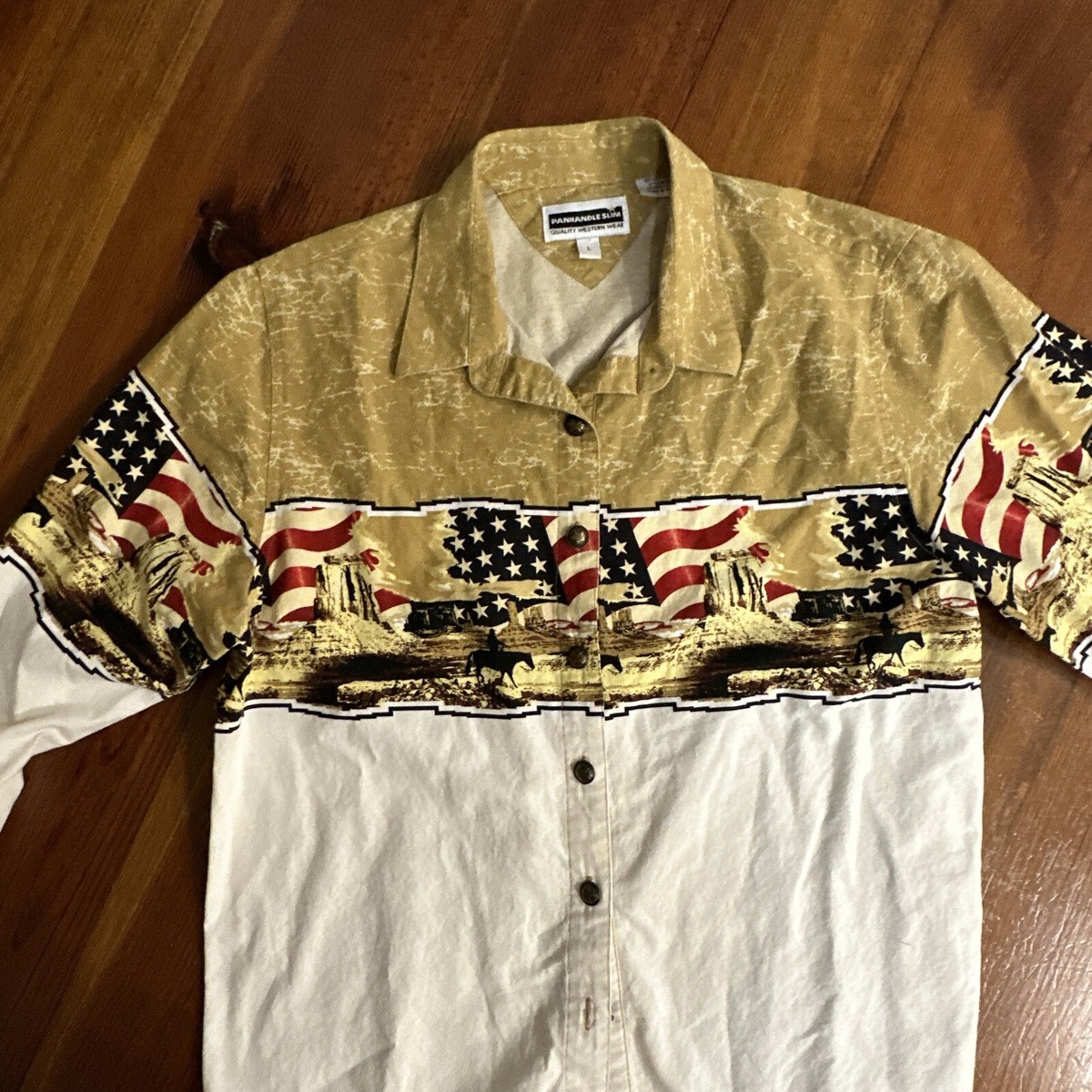 VTG Panhandle Slim MD Horse Western Long Sleeve Pearl Snap Flag