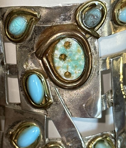 Unmarked Silver Scarab Turquoise Cuff Bracelet 2-1/8"-wide Handmade - Picture 9 of 11