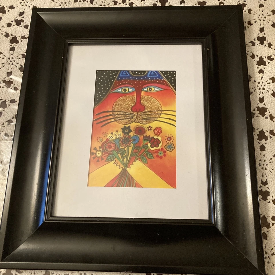 Laurel Burch Cat with Multicolored bouquet Flowers Glass Black Frame Size 14X12 - Image 2 of 4