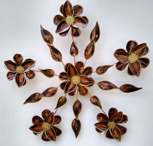 Extra Large Copper & Brass Flowers With Leaves Sculpture - Picture 2 of 7