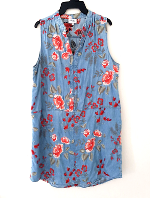 Beige By Eci Denim Size 16 Chambray Floral Embroidered V-neck Sleeveless  Dress | eBay