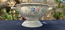 1980s White Enamel Holed Strainer Colander Vintage Bouquet of Flowers W/Handles