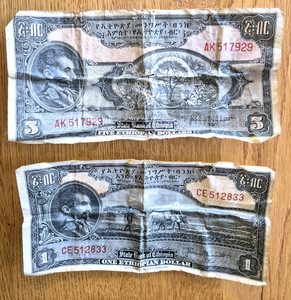 Set of 2 - Ethiopia 5 Dollars AND one dollar bill (1945) - with Haile Selassie