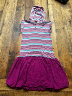 Girls Tea Collection Dark Raspberry Striped Bubble Hooded Dress Size 10 EUC