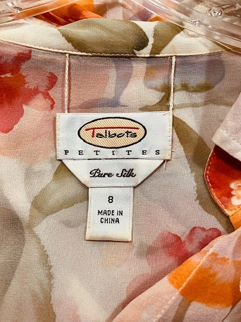 Talbots Pure Silk Blouse Women Floral Button up Top Ruffle Collar Shirt Petite 8 - Image 2 of 2