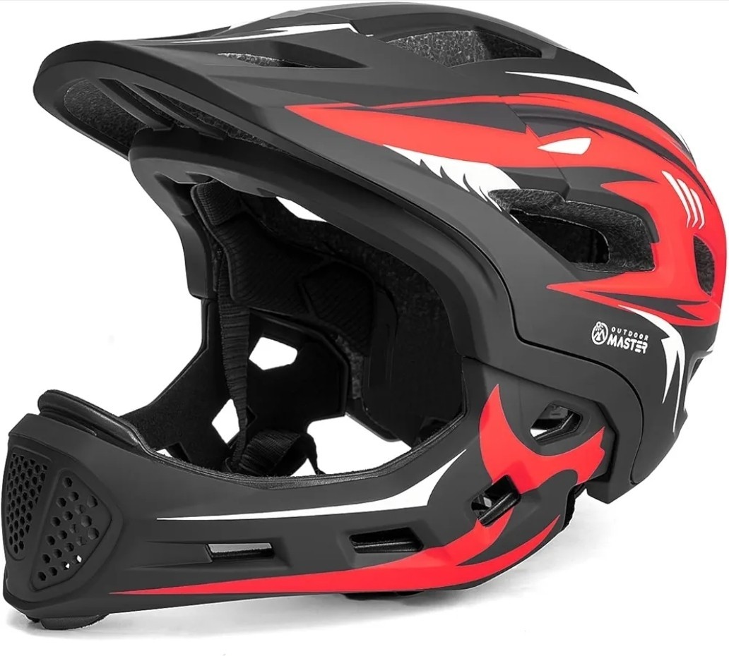 OutdoorMaster Kids Bike Helmet - Full Face Helmet for Kids- Adjustable-RED-Small