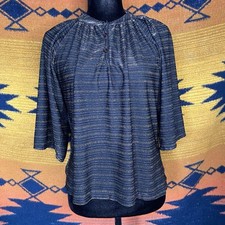 Vintage 70  s Disco Style Black  Metallic Blouse. 1/4 Button. 3/4 Sleeves. S/M.