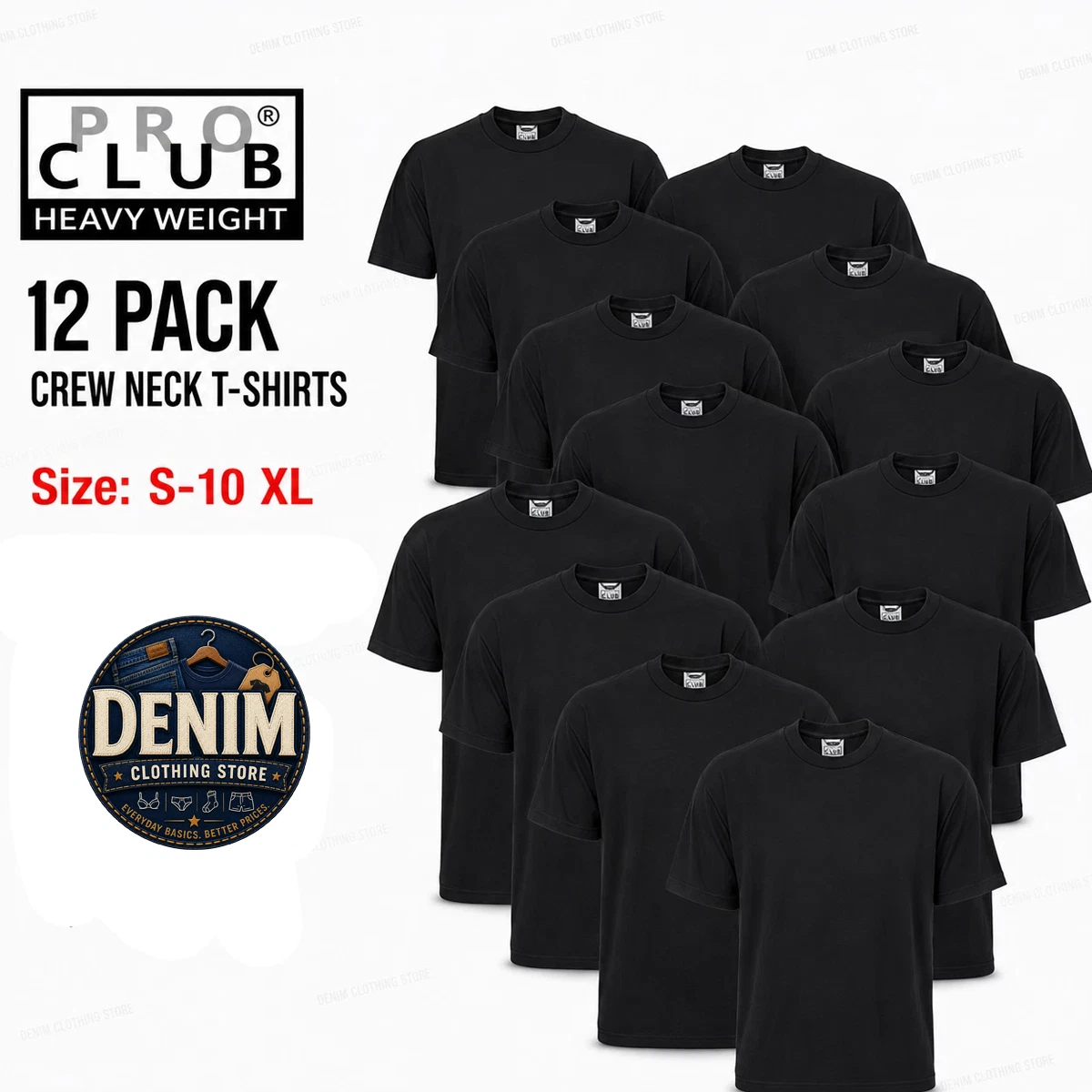 12 Pack Pro Club Men’s Heavyweight 100% Cotton Black Crew Neck T Shirts Tee