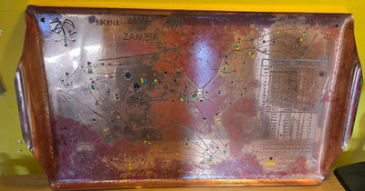 Vintage Kupfer Tablett mit gravierter Karte des Nkana Golf Club in Sambia
