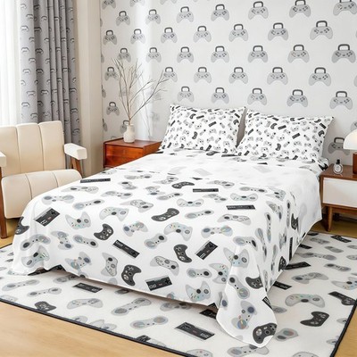 4 PCS Full Size Gamer Bed Sheet Set Black Grey Video Game Gaming Bedding