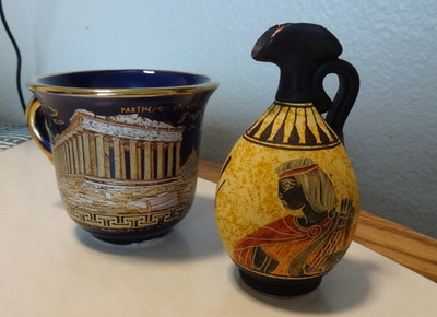 SK Hand Made in Greece Cup & 4 in. Ceramic Pitcher Greek Mythology