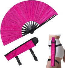 Large Folding Hand Fan Glitter Rave Bamboo Handheld Fans with Holster for Party