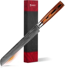 Japanese VG10 Bread Knife - 8" Damascus Serrated Blade, Pakka Wood Handle, Rust-