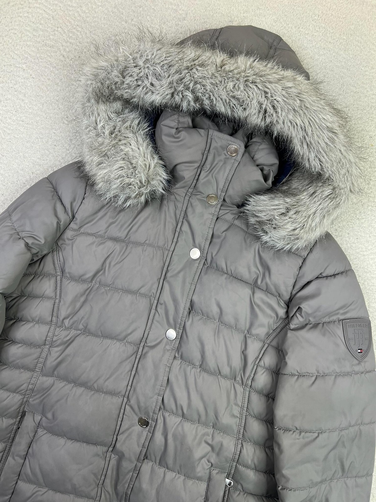 Tommy Hilfiger Puffer Coat Womens Medium Gray Faux Fur Hood Primaloft Insulated thumbnail 4