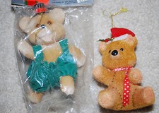 Fuzzy Teddy Bears Christmas Ornaments Decorations Merry Bears 5" Vintage LOT