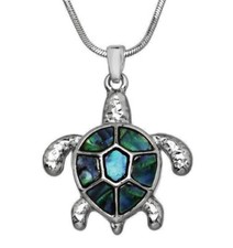 Beautiful Silver Tone Abalone Sea Turtle Charm Pendant Necklace 18" Chain