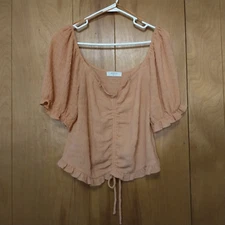 ELODIE Women's Large Short Sleeve Peach Side Zip Ruched Smocked Boho Top