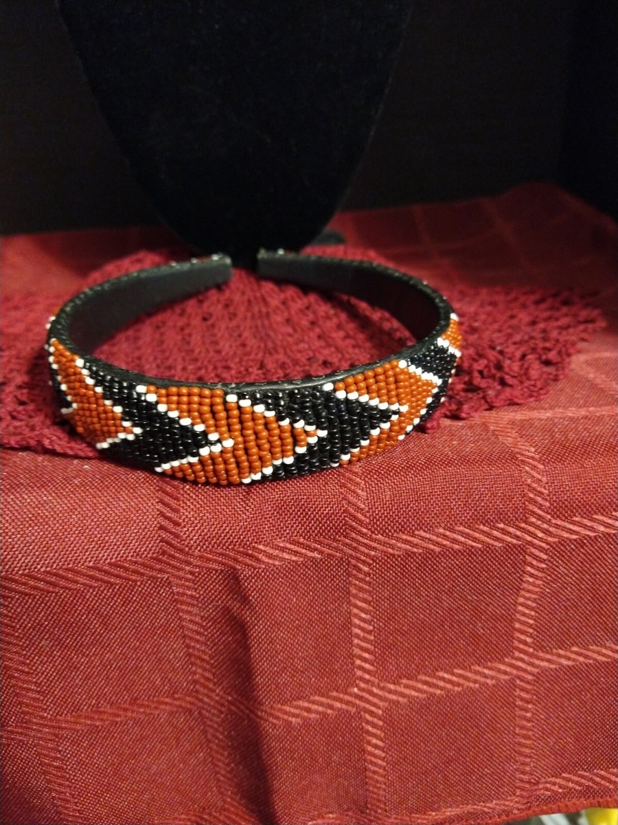 Vintage Native American Beaded Headband! Black and Burnt Red  display picture 2
