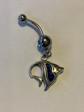 NUEVO Anillo Ombligo Vintage Barra Joyería Corporal Pez Ángel Azul Abulón Incrustación
