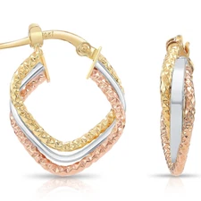 10K Real Solid Tri-Color Gold Triple Twisted Square Creole Italian Hoop Earrings