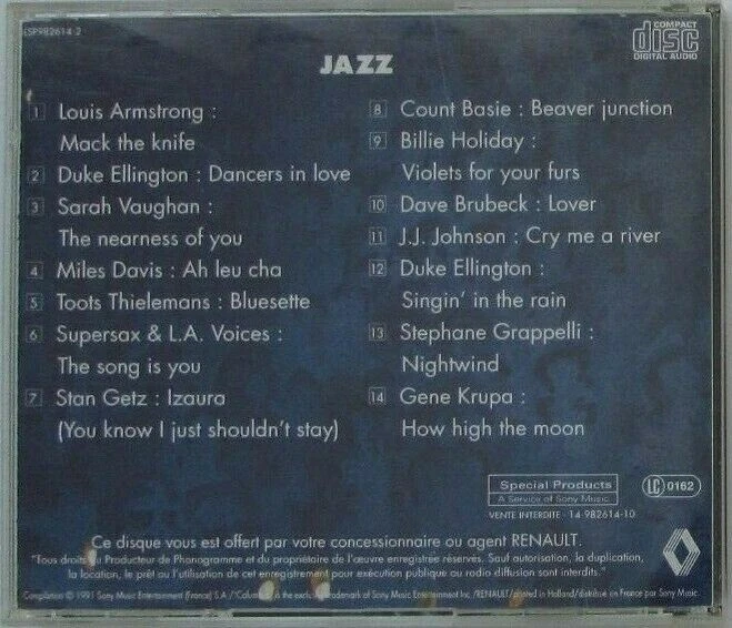 CD Compilation Jazz 14 Titres Promo Renault / Sony Music Entertainment 1991 - Photo 3/3
