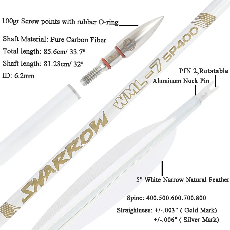 32" Pure Carbon Arrows 5" Feather SP400-800 Recurve Compound Bow Hunting Target - Image 3 of 4