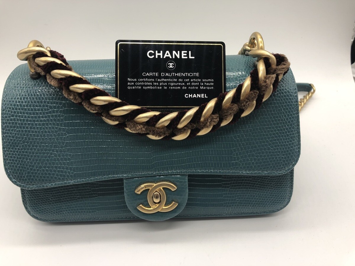 Rare EXOTIC Chanel Straight Lined Teal Lizard Mini Flap Shoulder