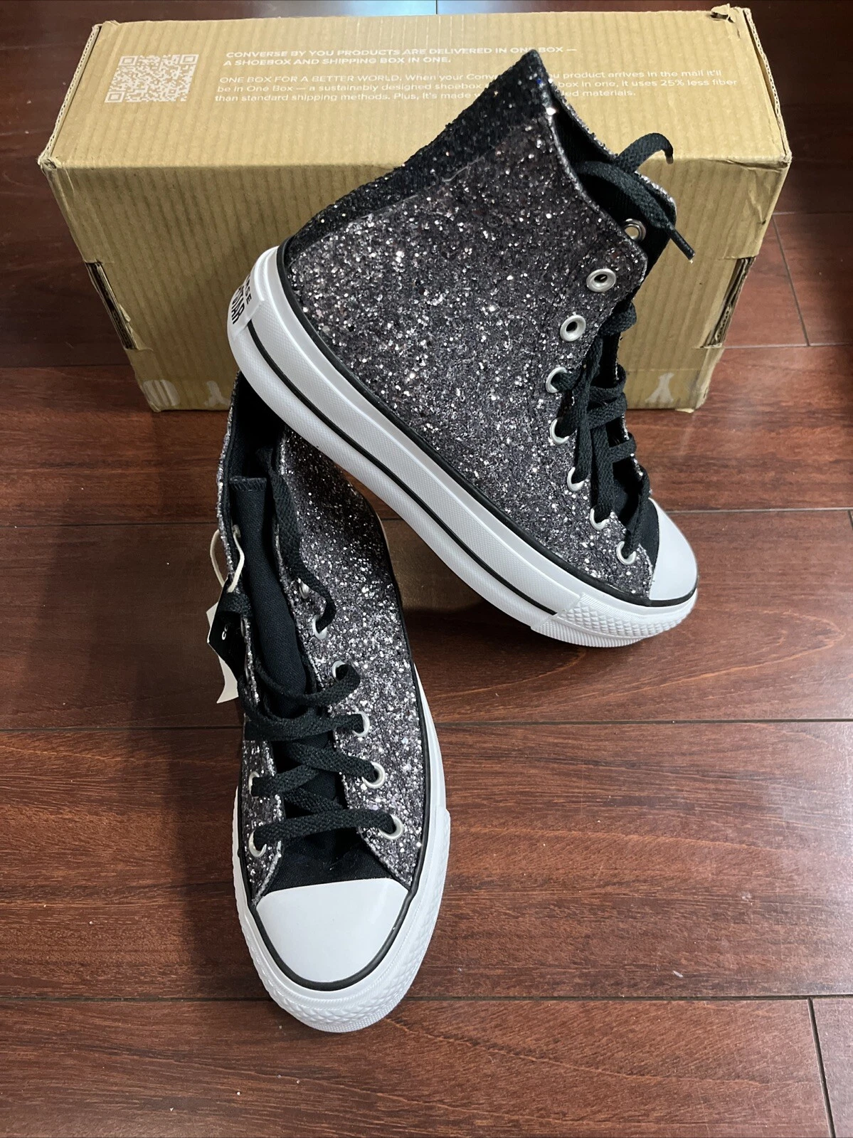 Top donna personalizzato Converse By You Lift Platform 7 argento glitter scintillante nuovo