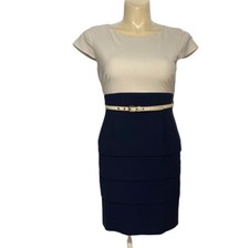 Tahari Dress 12P Off White Top Navy Blue Skirt Pleated Lace Lined Party Career
