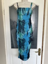 Blue and Green Abstract Mesh Ruched Dress Size 8
