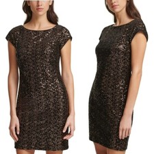 NWT New $138 ELIZA J Sequin Velvet Cap Sleeve Black Bronze Dress Size 10