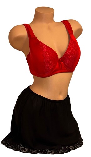 Lot of 2 Angelina Red Satin Bra & WonderMaid Black Half Slip Lace Hem L/34DDD - Picture 3 of 13