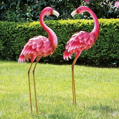 2 Pcs Pink Standing Flamingo 33" Metal Sculpture Garden Stake Yard Lawn Statue