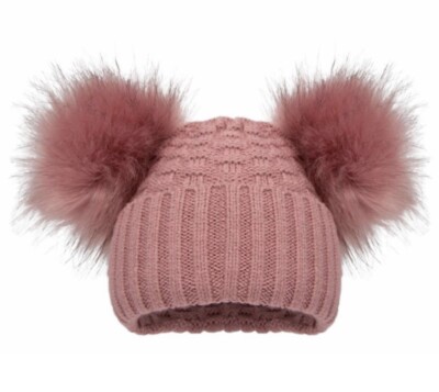 Spanish Double Pom Pom Knitted Hat, Faux Fur, Rose Pink, Baby