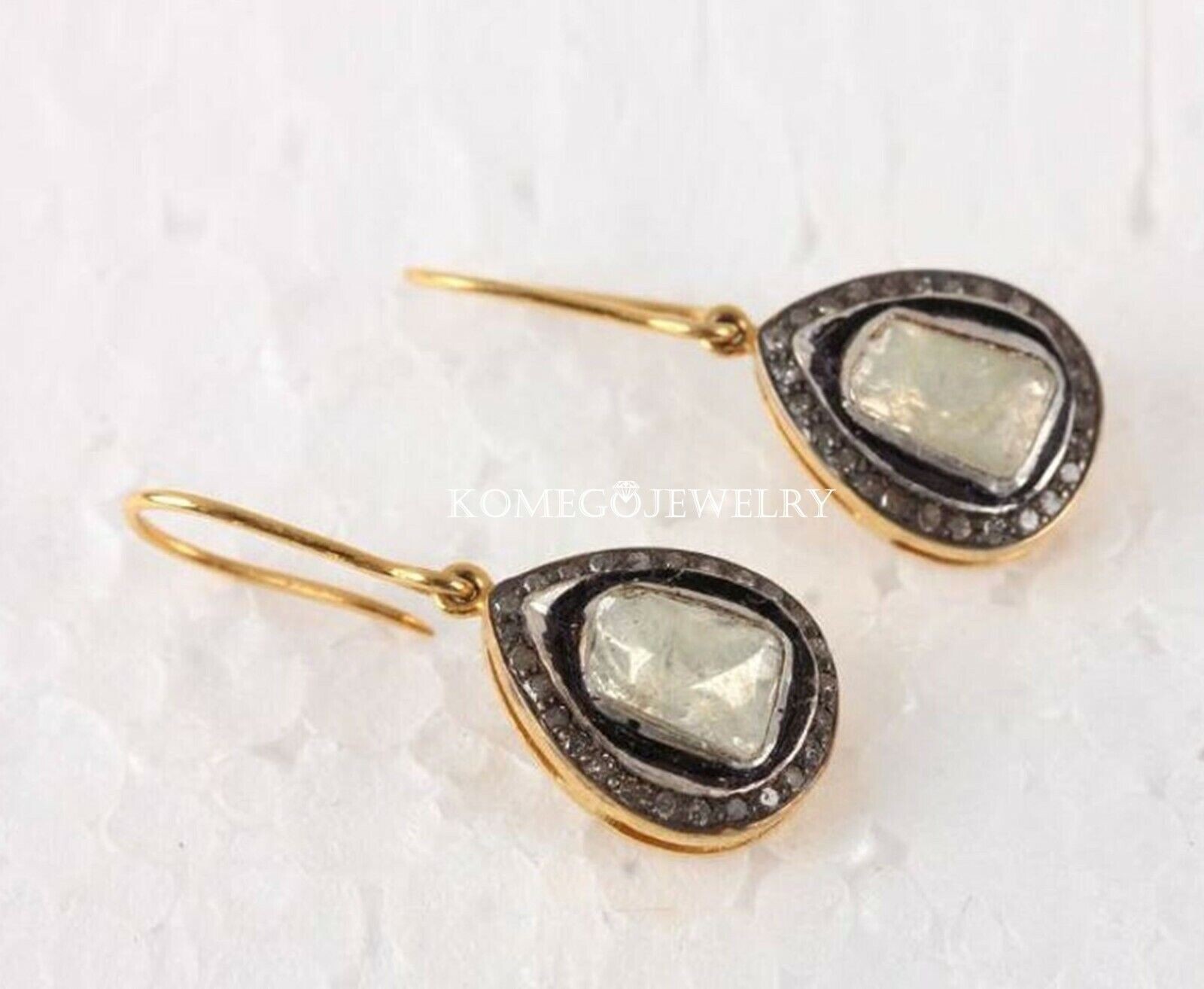 Drop Hook Earrings Natural Polki & Pave Diamond Slice Earrings Victorian Jewelry