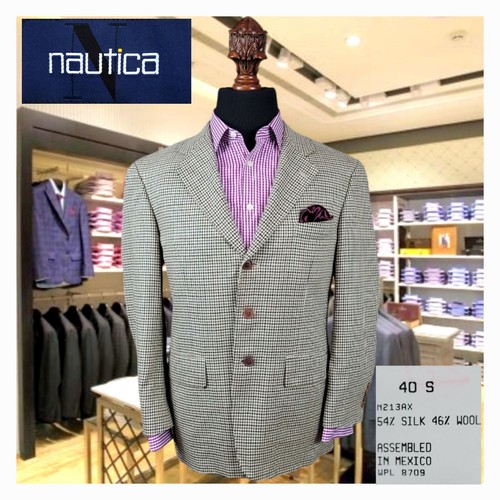 NAUTICA Blazer Silk Wool Stitch 40S Brown Glen Check Mens Sport Suit Coat Jacket