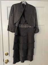 R M Richards Dress/Jacket Formal Silver/Gray/Pewter Ruffle Sleeve Sz 12, Wedding