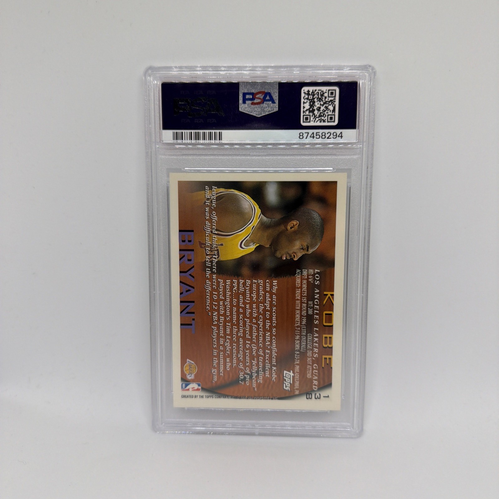 KOBE BRYANT 1996 TOPPS ROOKIE Card RC #138 PSA 9 MINT Gold Foil Lakers view 2