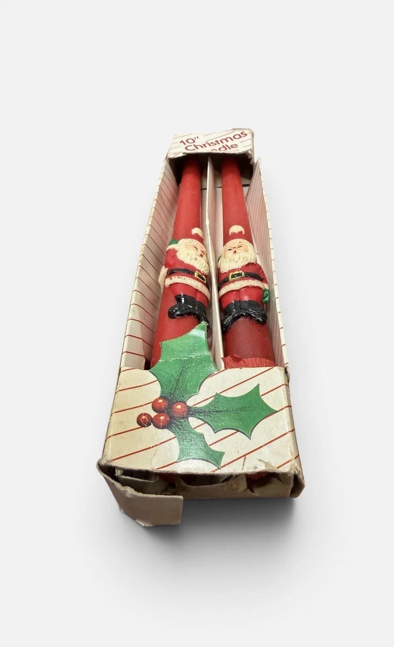 Set of 2 Santa Clause Christmas Sculptured Tapers Candles In Orig Box Vintage image 4