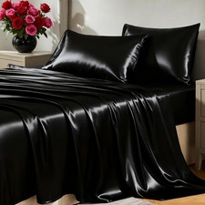 Satin Sheets King Size Sheet Set - 4 Piece Silky King Sheets, Luxury Black Ki...