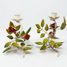 Pair of Vintage Italian Toleware Candle Holders Hand Painted Roses Leaves Metal