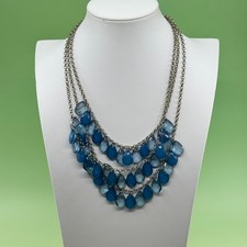 Blue Teardrop Bead Multi Strand Necklace Silver Tone Layered Statement Jewelry