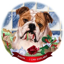 English Bulldog, Tan  White Dog Porcelain Ornament Santa I Can Explain 