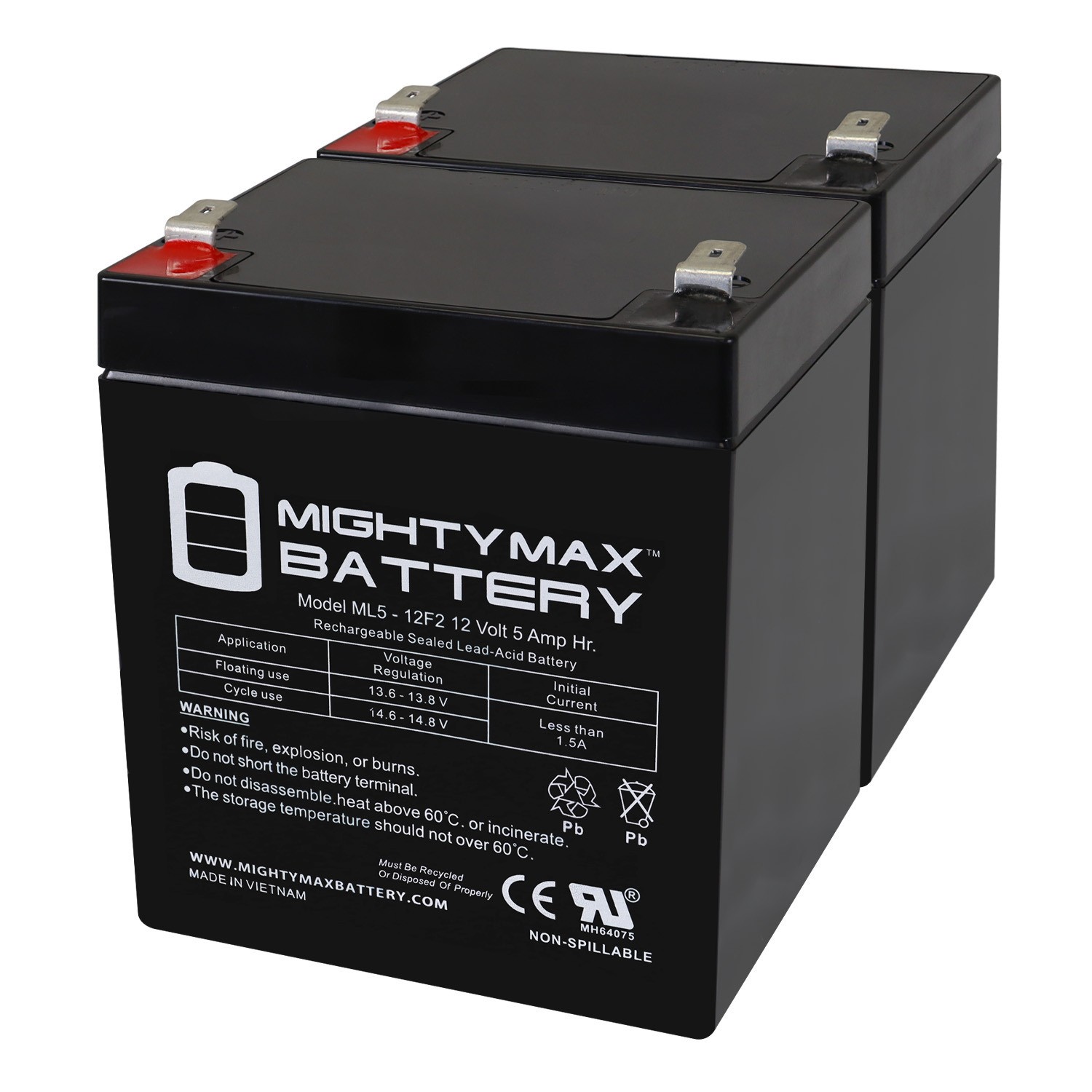Mighty Max 12V 5Ah F2 SLA Battery Replaces Universal Power UB1250 - 2 Pack